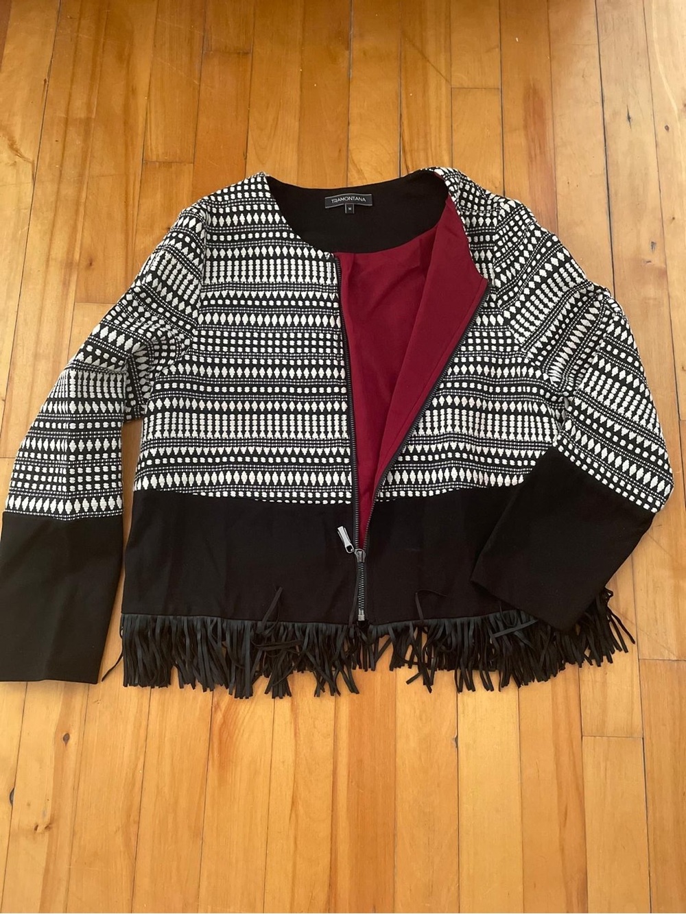 TRAMONTANA Black & White Patterned Fringe Zip Cardigan with Burgundy Lining